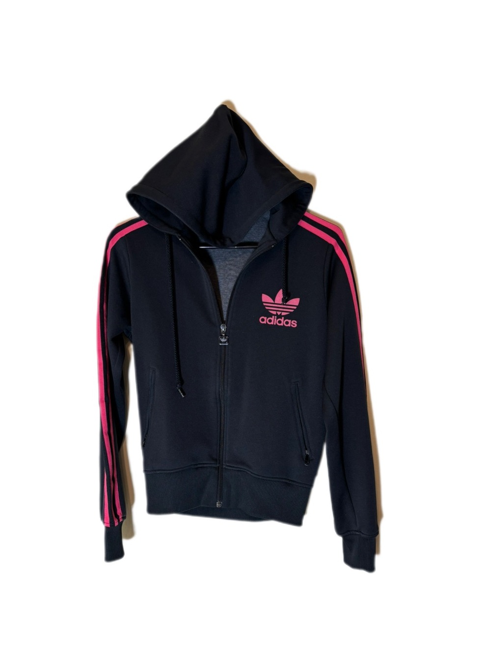adidas Black Hoodie Jacket with Pink Stripes